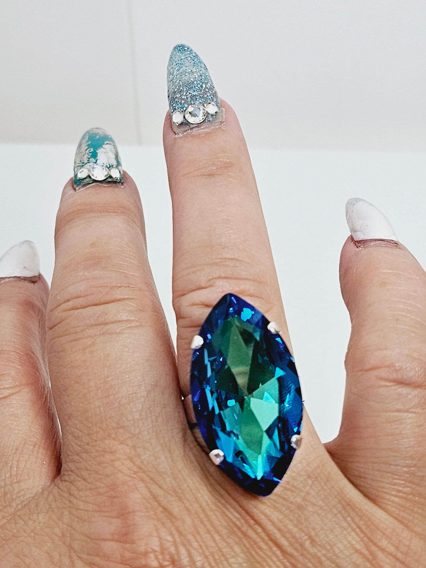 Large Bermuda Blue Crystal Ring, Large Blue Green Statement Ring, Silver Plated, Georgian Collet, Vintage Style, Rings For Women, Dark Red Navette