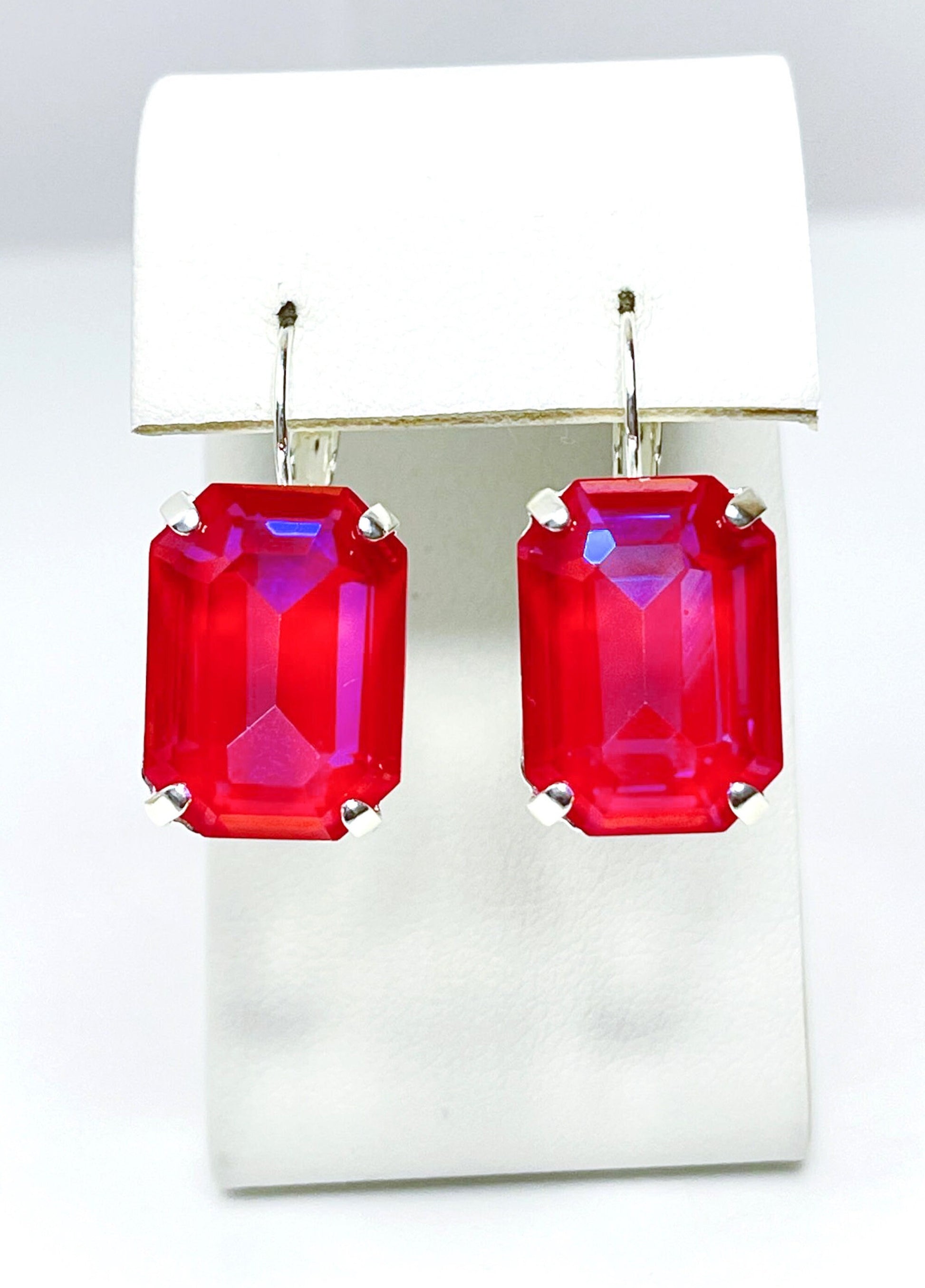 Red Pink Crystal Earrings, Royal Red Delite Octagon Dangles, Earrings for Women, Statement Drops, Silver Plated, Georgian Style