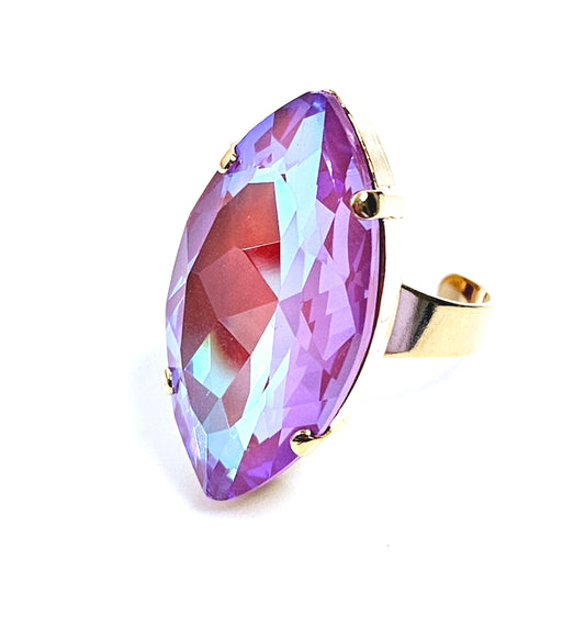 Large Lilac Crystal Ring, Large Lilac Delite Statement Ring, Gold Plated, Georgian Collet, Vintage Style, Rings For Women, Dark Red Navette
