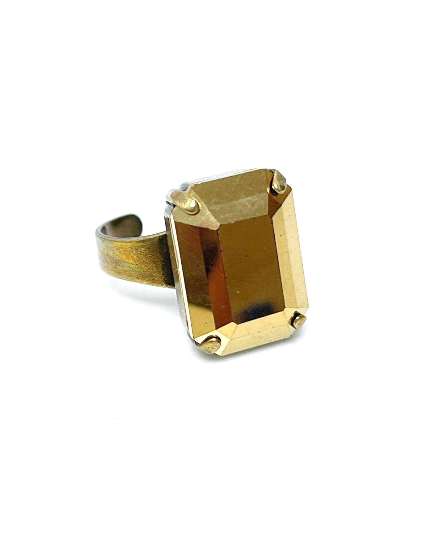 Gold Octagon Crystal Ring, Rectangle Statement Ring, Crystal Jewellery, Antique Brass, Georgian Collet, Vintage Style, Rings For Women