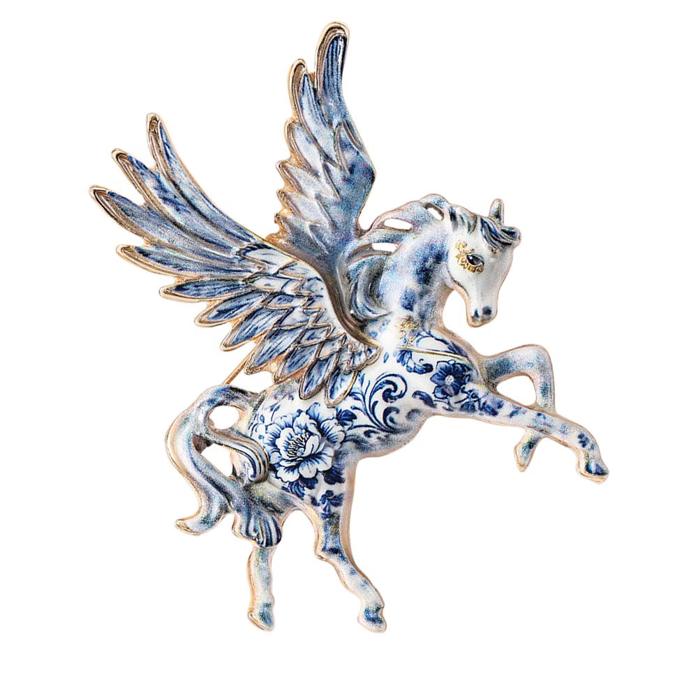 Mythical Pegasus Brooch  | Delft Blue Vintage Porcelain Style Horse