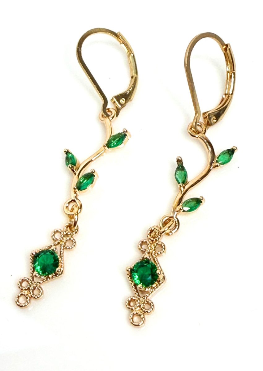 Delicate Regency Gold Vine Jewellery Set with Emerald Crystal | Fairycore Coquette Elegance