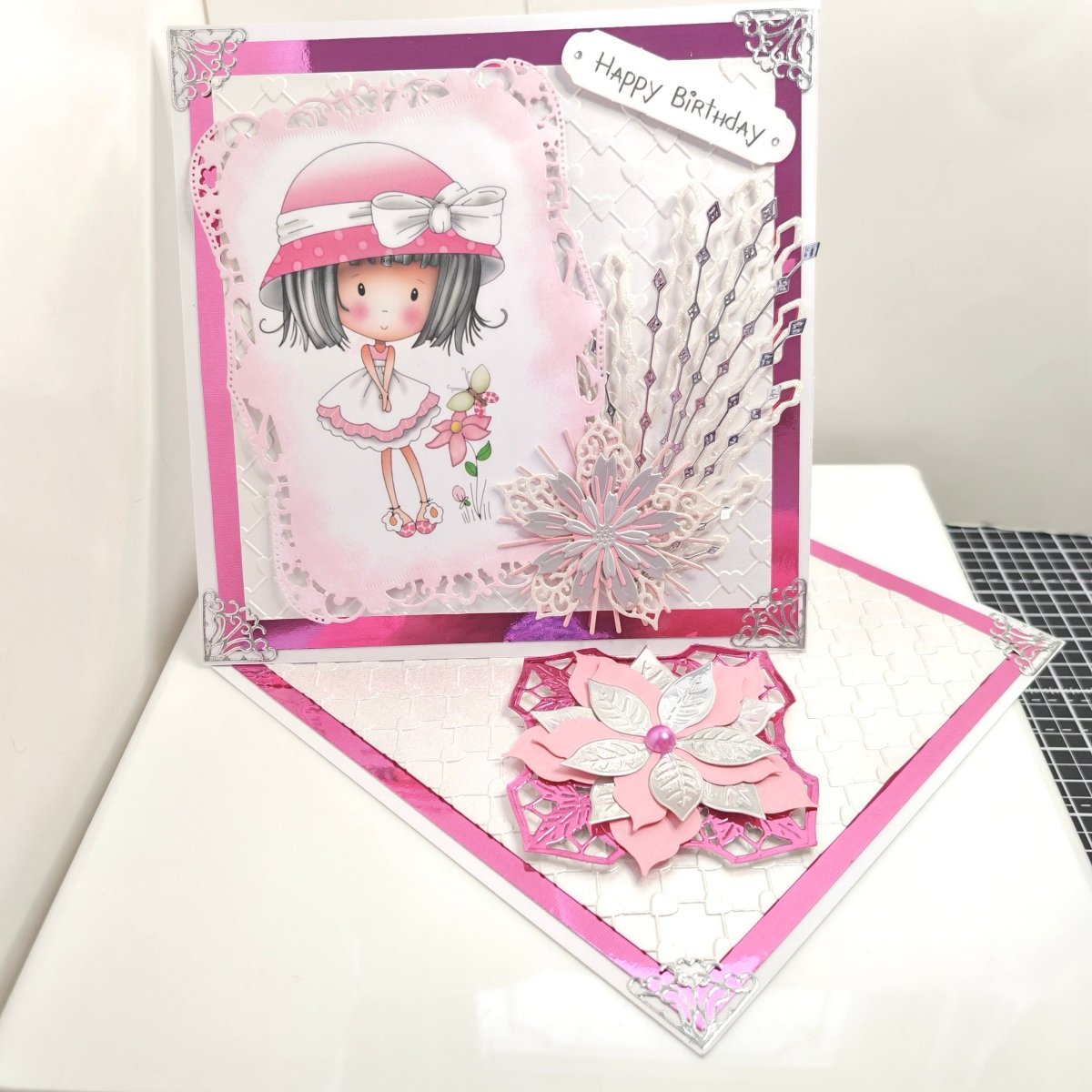 Luxury Handmade Birthday Card for Friend | Cute Girl Big Hat With Flower | 3D Easel Card | Boxed