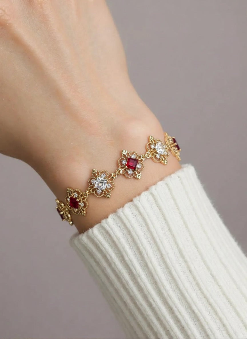 Ruby Red Crystal Gold Bracelet, Vintage Regency Style Flower Jewelry
