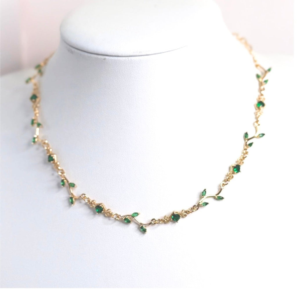 Delicate Regency Gold Vine Jewellery Set with Emerald Crystal | Fairycore Coquette Elegance