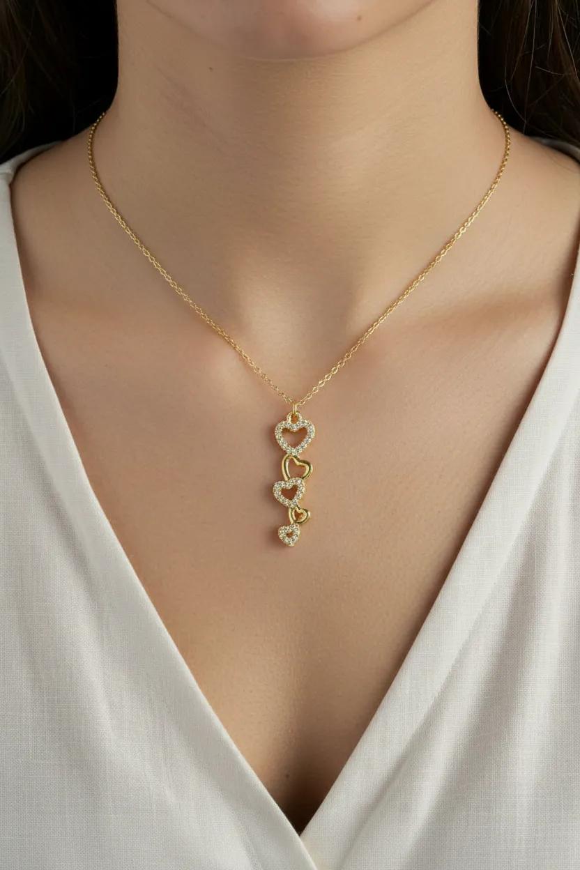 Long Gold Heart Crystal Necklace | Multiple Heart Pendant | Gold CZ Heart 