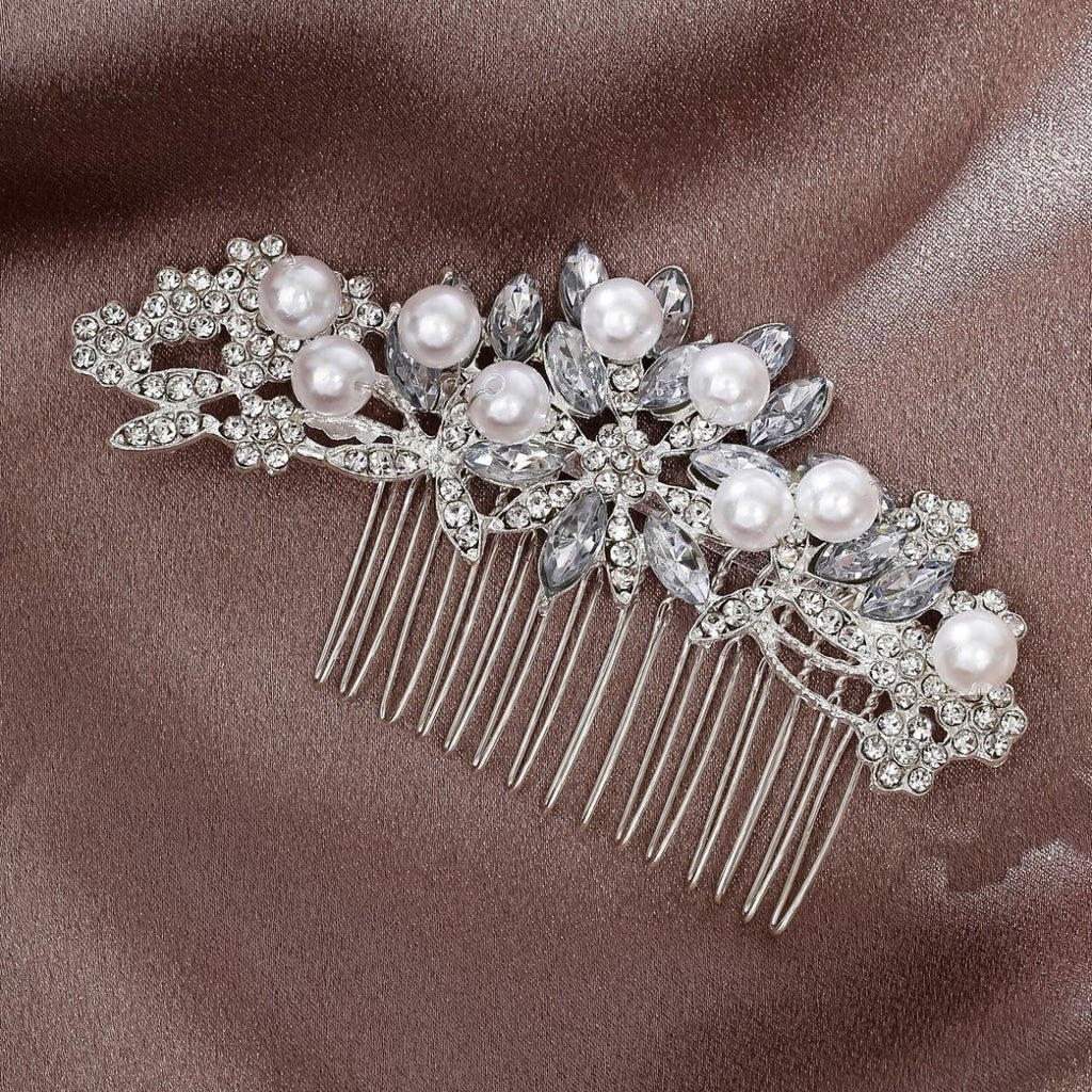 Beautiful Crystal and Pearl Flower Comb for Hair | Bridal Jewellery