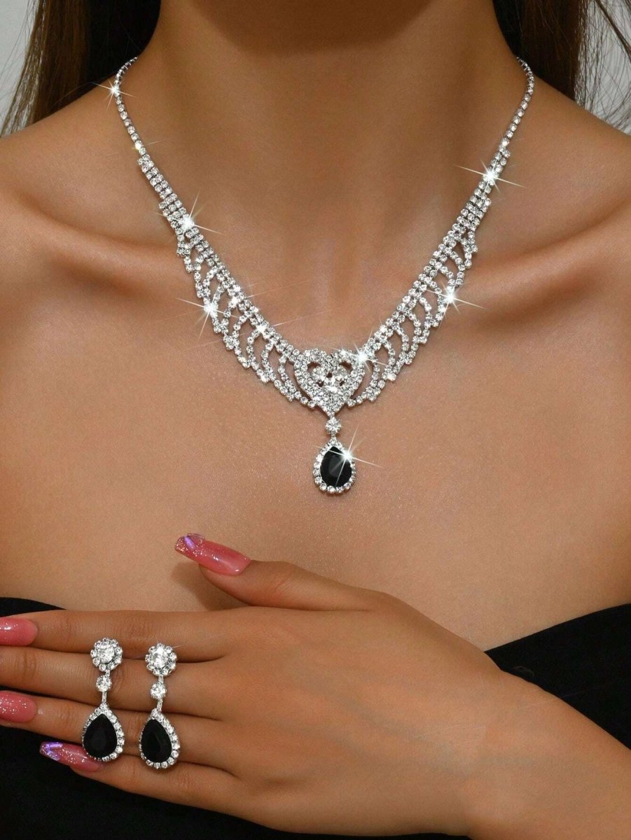 Diamond Black Crystal Heart Pendant and Earrings Set | Crystal Jewellery