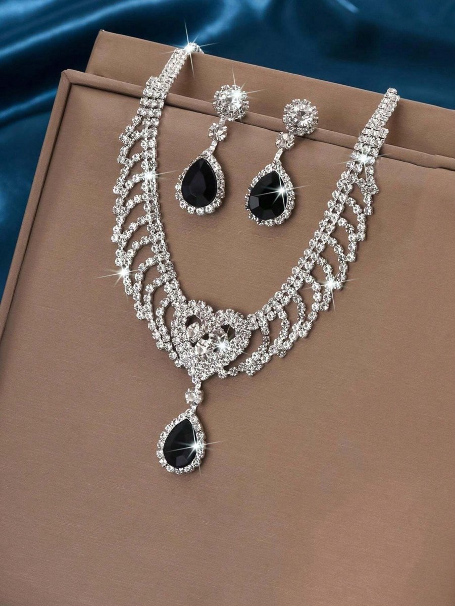 Diamond Black Crystal Heart Pendant and Earrings Set | Crystal Jewellery