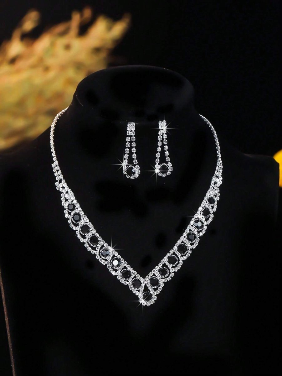 Clear Black Crystal Necklace and Earrings Set | Wedding Jewellery | Bridal Accessories