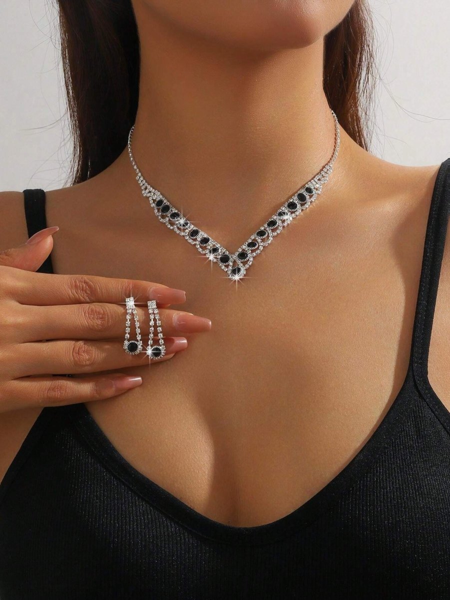 Clear Black Crystal Necklace and Earrings Set | Wedding Jewellery | Bridal Accessories