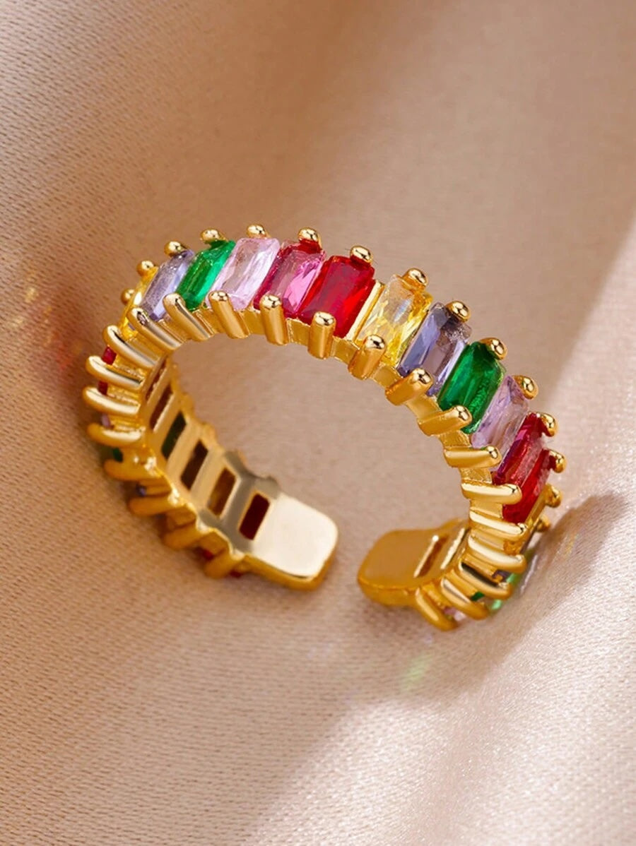 Rainbow Colour Crystal Gold Ring | Adjustable