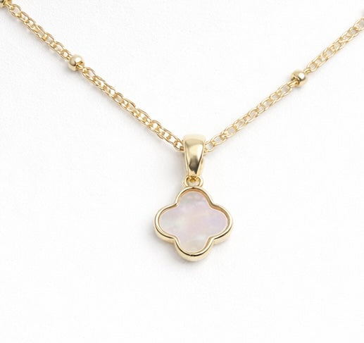Four Leaf Clover Mother of Pearl CZ Necklace | Gold Satelite Chain