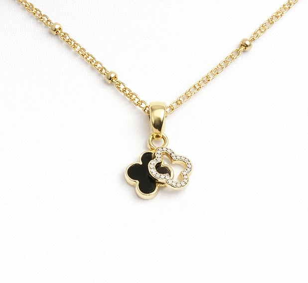 Gold Black Onyx Double Clover CZ Necklace | Gold Satelite Chain