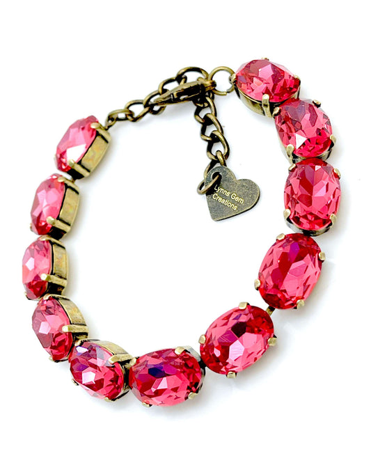 Rose Pink Crystal Bracelet | Antique Brass | Oval Pink Tennis Bracelet | Georgian Bracelet