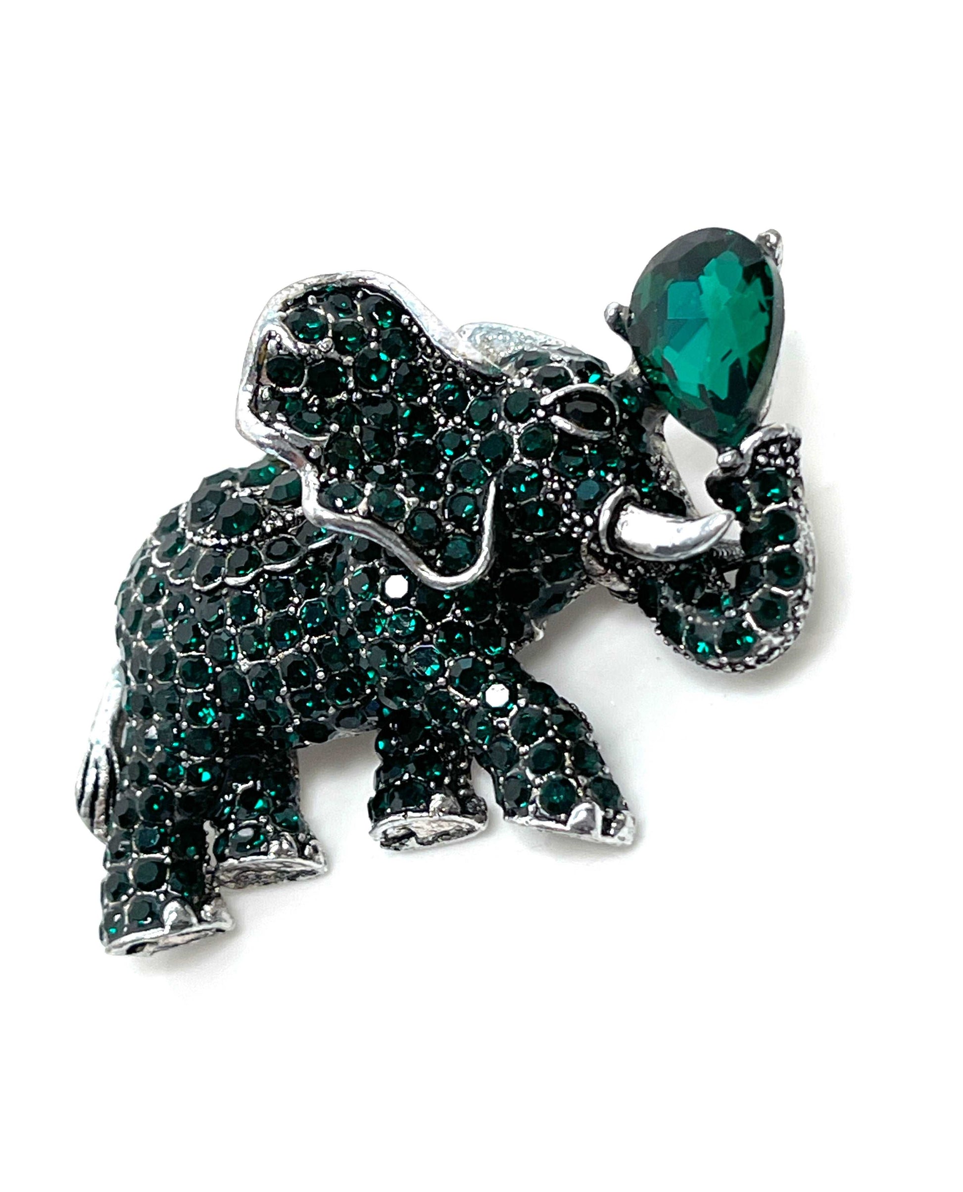 Large Green Indian Elephant Brooch | Sparkly Elephant Pin | Crystal Animal Pin