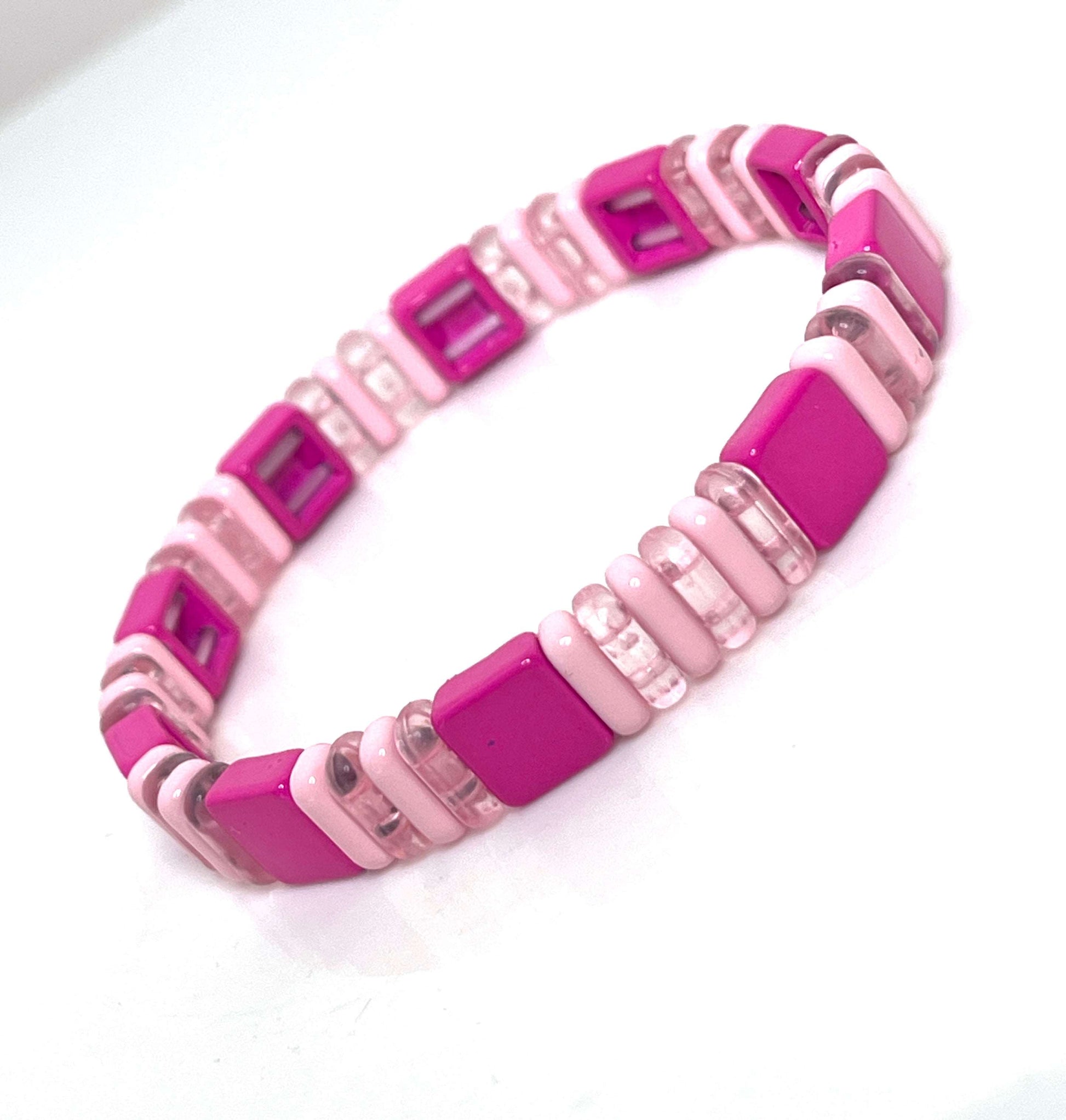 Tile Beaded Bracelets | Set of 3 | Pink and Gold | Japanese Bead Stretch Bracelet