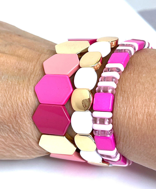 Tile Beaded Bracelets | Set of 3 | Pink and Gold | Japanese Bead Stretch Bracelet