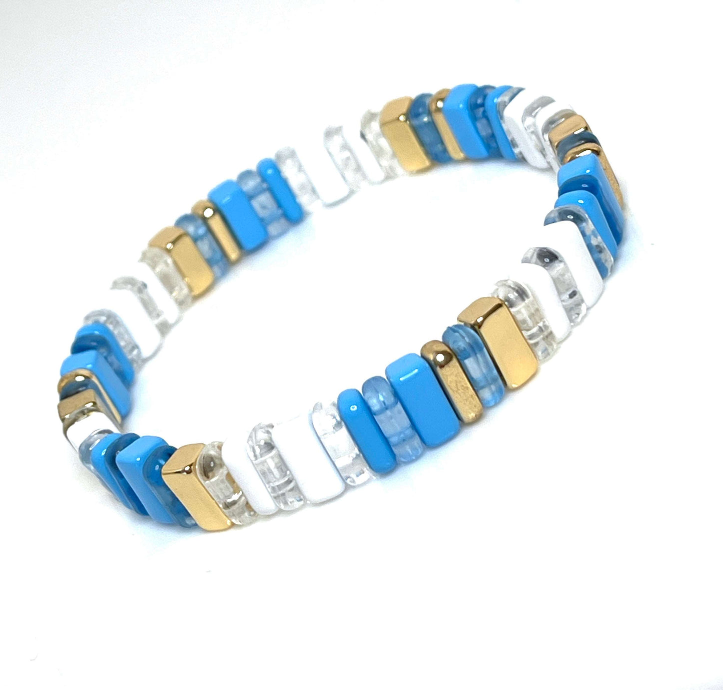 Blue Tila Beaded Bracelet | Blue Multicolour Japanese Bead Stretch Bracelet