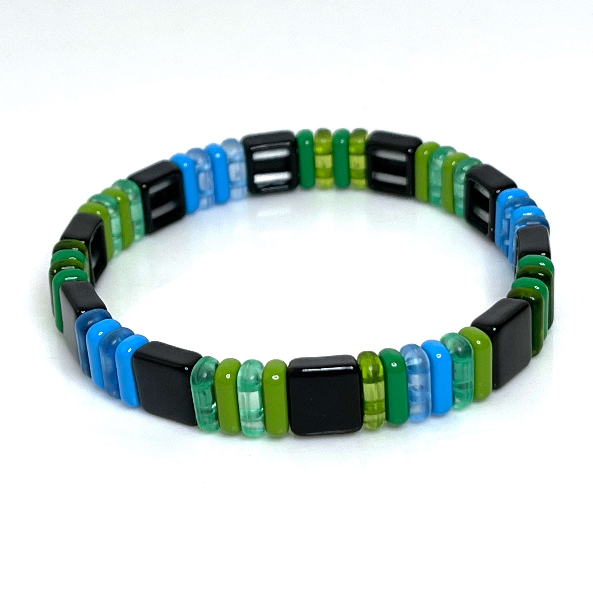 Tila Beaded Bracelet | Green Black Multicolour | Japanese Bead Stretch Bracelet