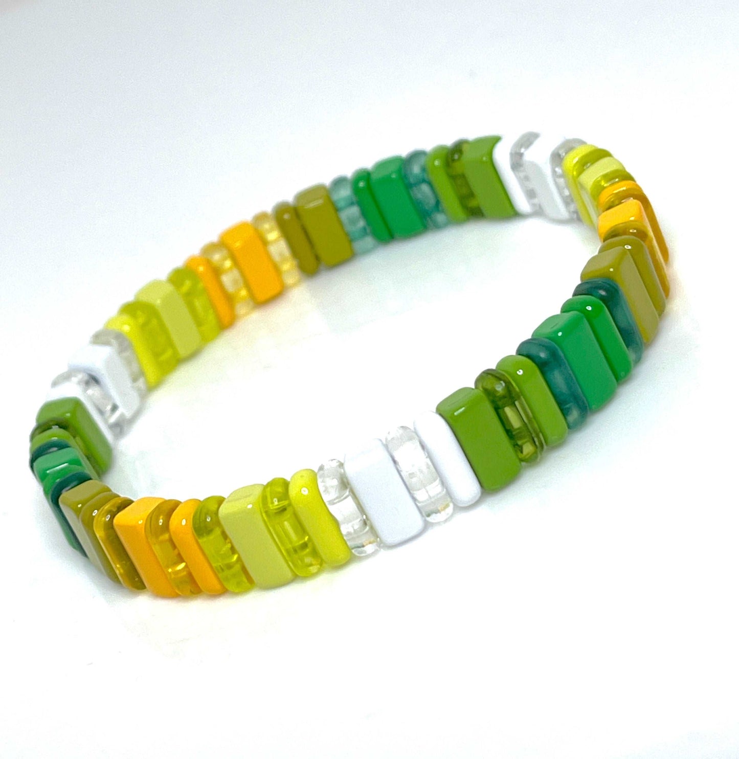 Tile Beaded Bracelets | Set of 3 | Green and Yellow | Japanese Bead Stretch Bracelet