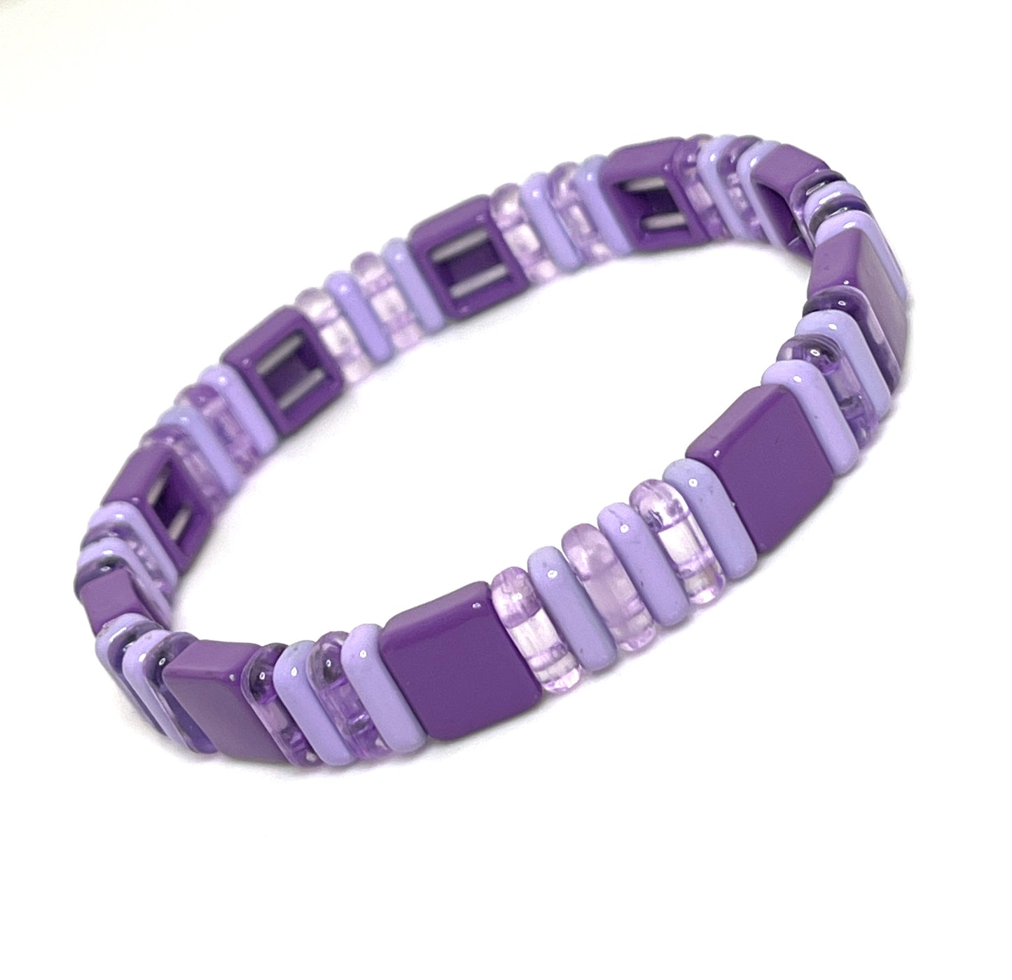 Tile Beaded Bracelets | Set of 3 | Purple and Silver | Japanese Bead Stretch Bracelet