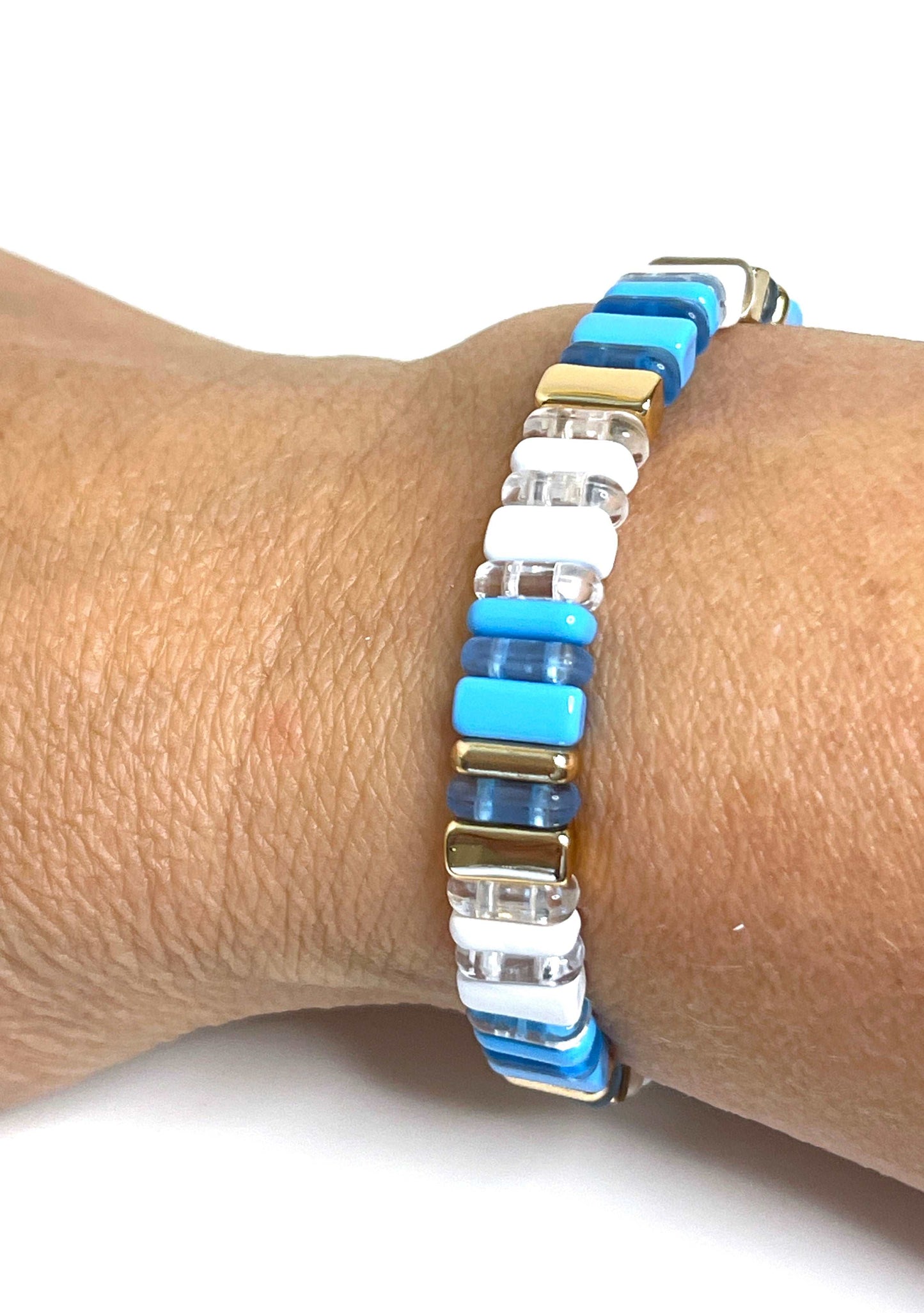 Blue Tila Beaded Bracelet | Blue Multicolour Japanese Bead Stretch Bracelet