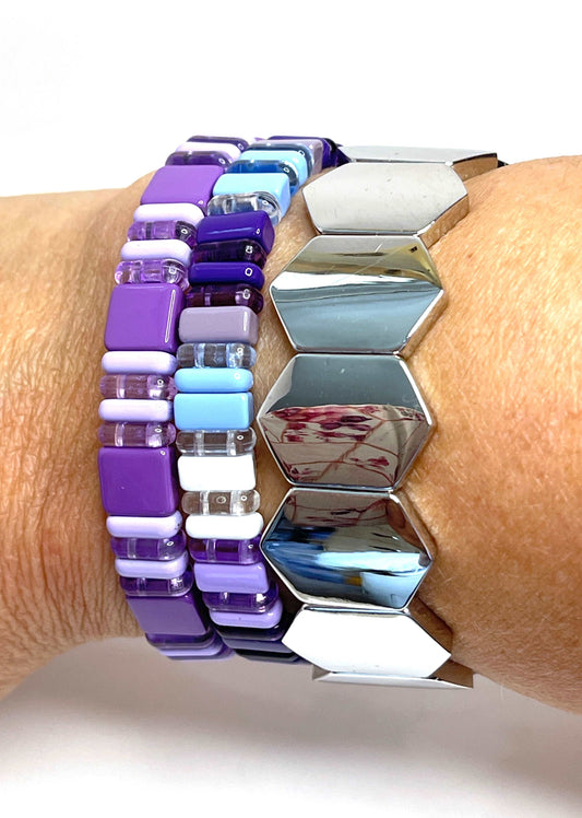 Tile Beaded Bracelets | Set of 3 | Purple and Silver | Japanese Bead Stretch Bracelet