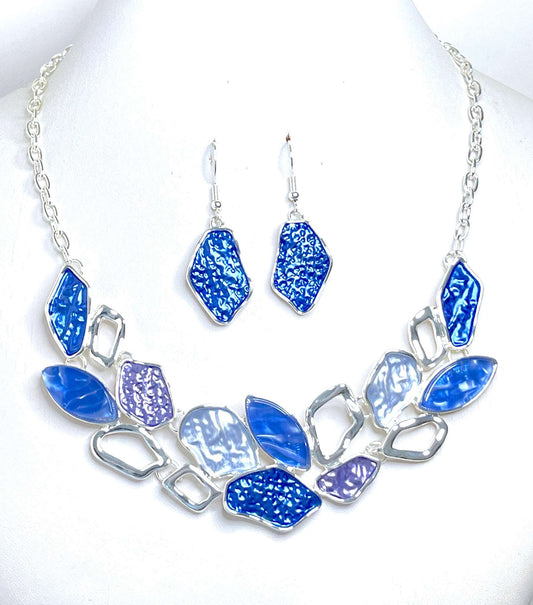 Blue Ombre with Silver Geometric Necklace Set | Modern Style Jewellery