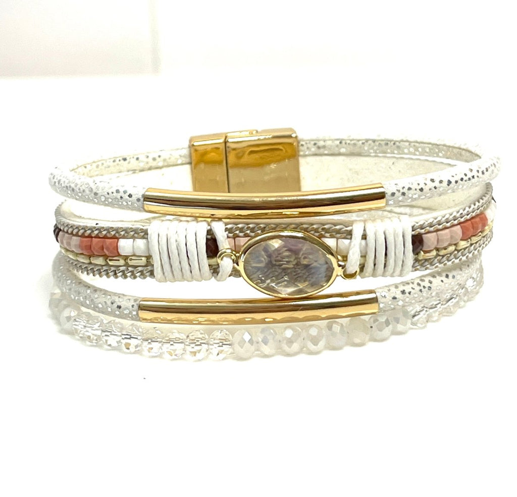 White Gold Wide Multi Strand Bracelet, Chunky Statement Bracelet, Mixed Material Bracelet, Boho Beaded Bracelets for Women