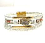 White Gold Wide Multi Strand Bracelet, Chunky Statement Bracelet, Mixed Material Bracelet, Boho Beaded Bracelets for Women