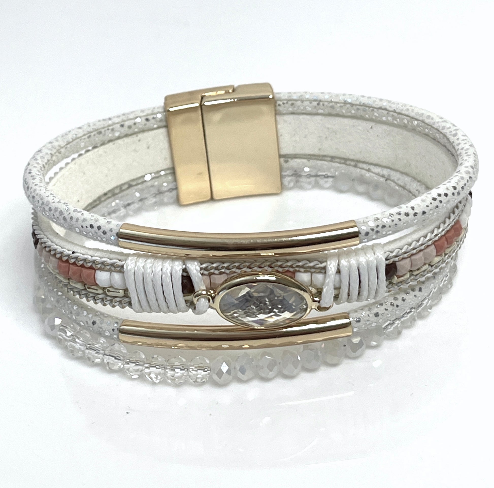 White Gold Wide Multi Strand Bracelet, Chunky Statement Bracelet, Mixed Material Bracelet, Boho Beaded Bracelets for Women