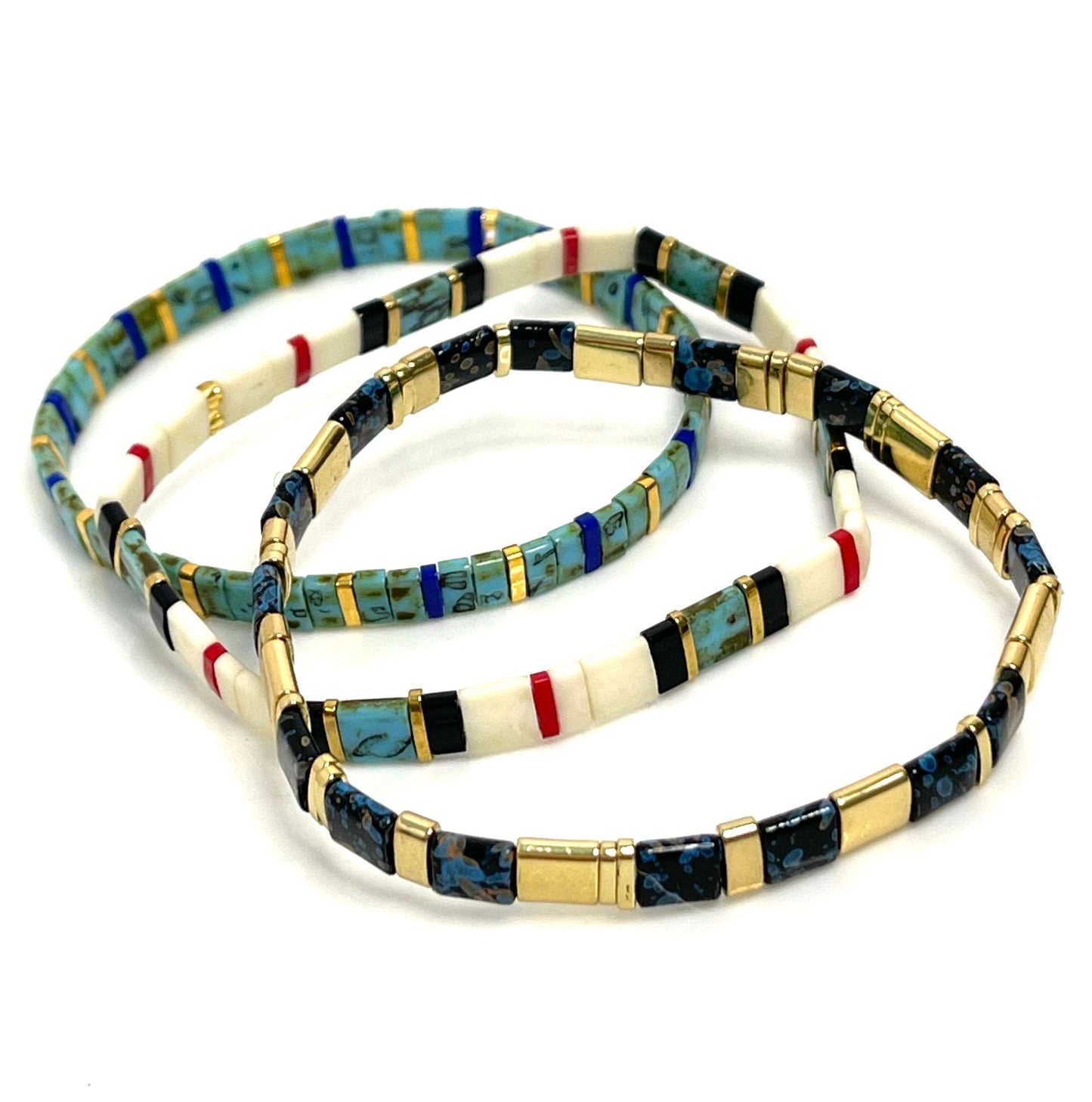 Copy of Set of 3 Japanese Tila Bracelets | Black Gold Tuquoise | Stretch Tila Bracelets