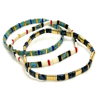 Set of 3 Japanese Tila Bracelets | Black Gold Tuquoise | Stretch Tila Bracelets