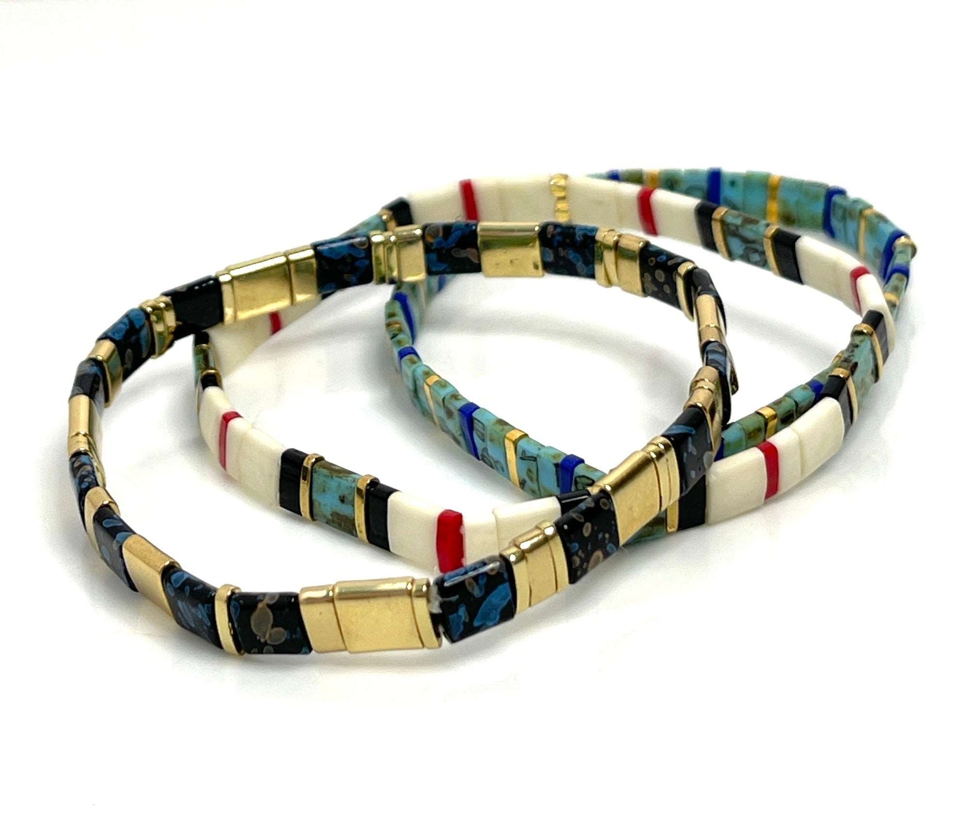 Copy of Set of 3 Japanese Tila Bracelets | Black Gold Tuquoise | Stretch Tila Bracelets