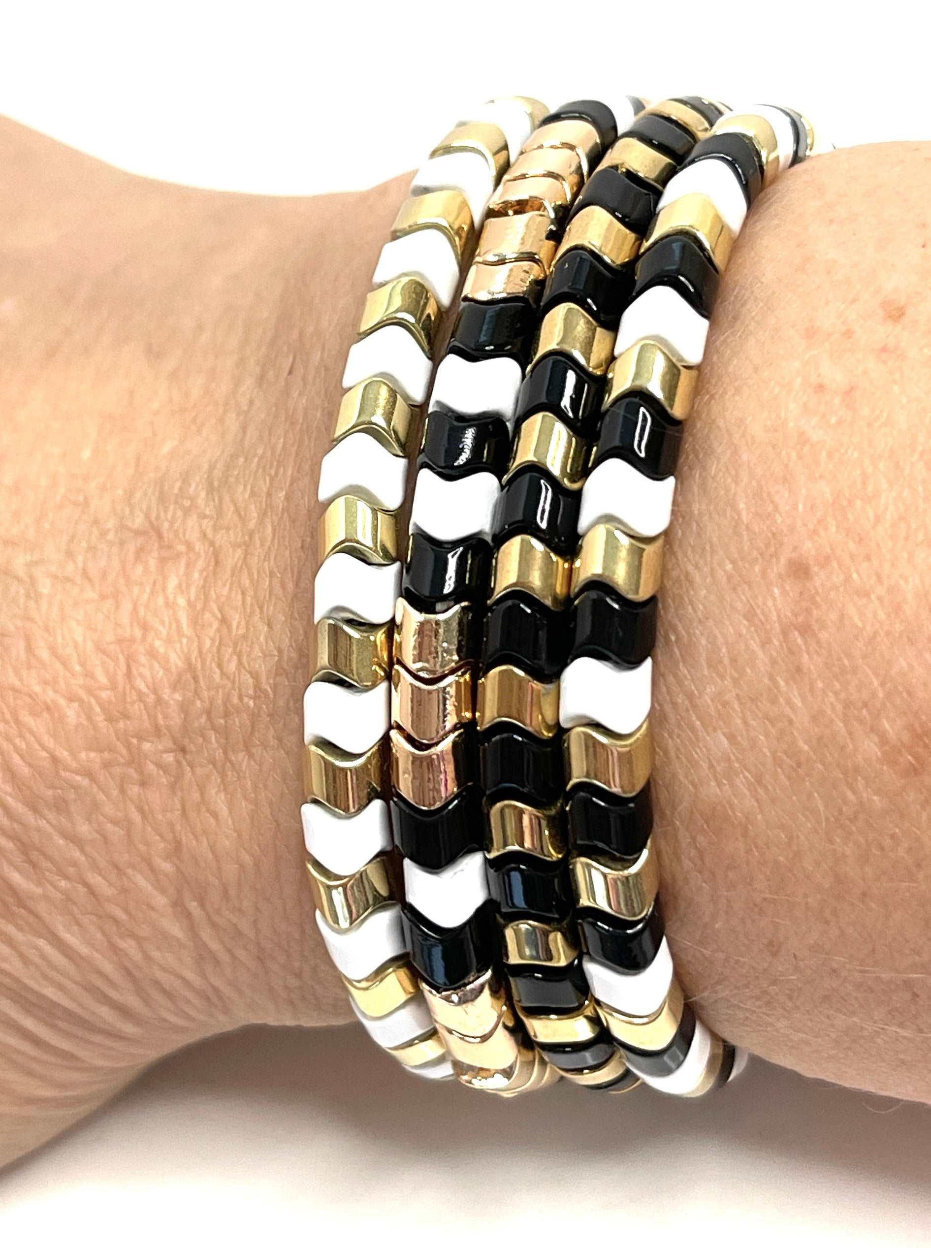 Black Gold White Tila Bracelets | Set of 4 | Multicolour Japanese Beads | Stretch Bracelet