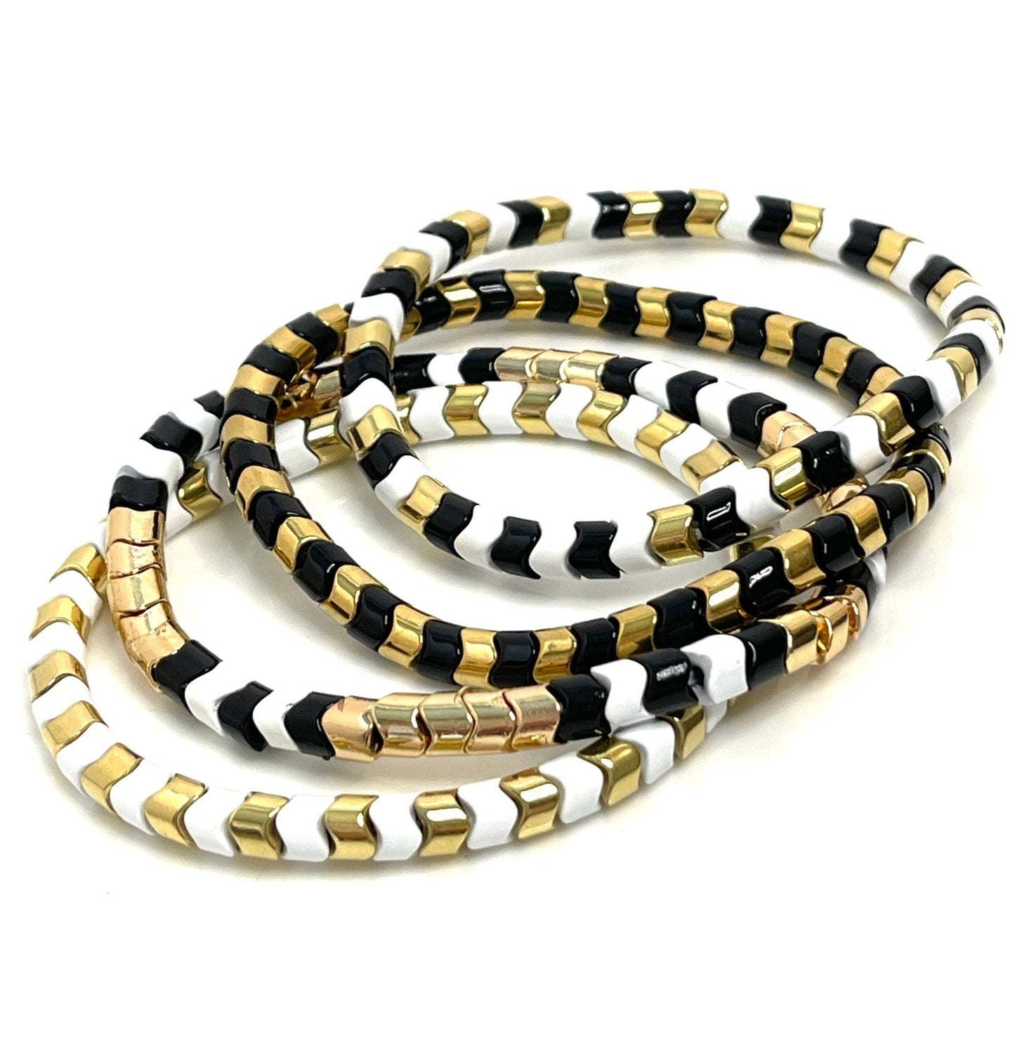 Black Gold White Tila Bracelets | Set of 4 | Multicolour Japanese Beads | Stretch Bracelet