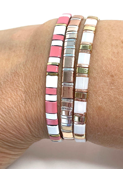 Set of 3 Japanese Tila Bracelets | Pink Rose Gold White | Stretch Tila Bracelets