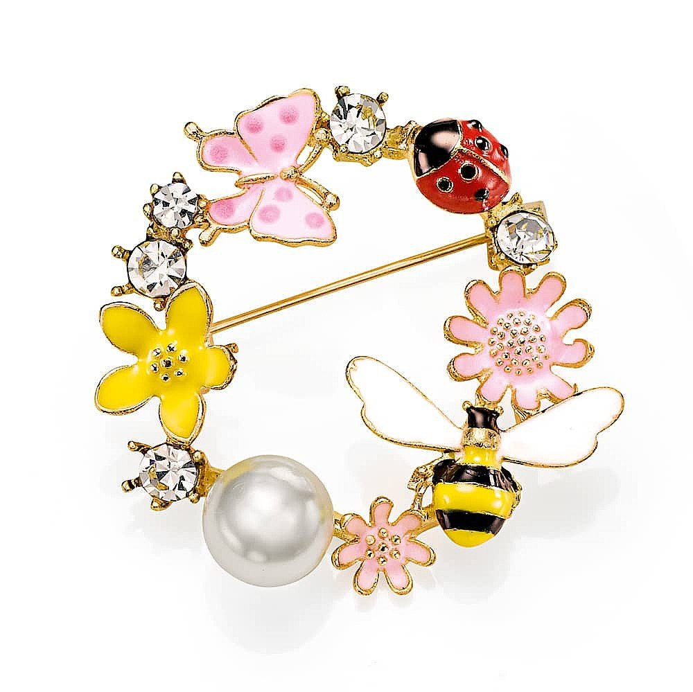 Gold Multicolour Flower and Butterfly Crystal Circle Brooch  | Gold Flower Pin | Flower Jacke