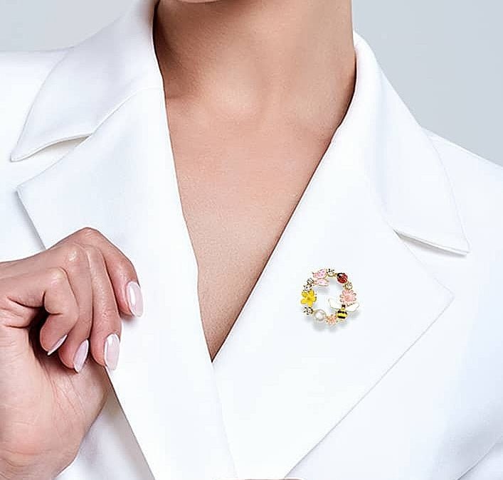 Gold Multicolour Flower and Butterfly Crystal Circle Brooch  | Gold Flower Pin | Flower Jacke