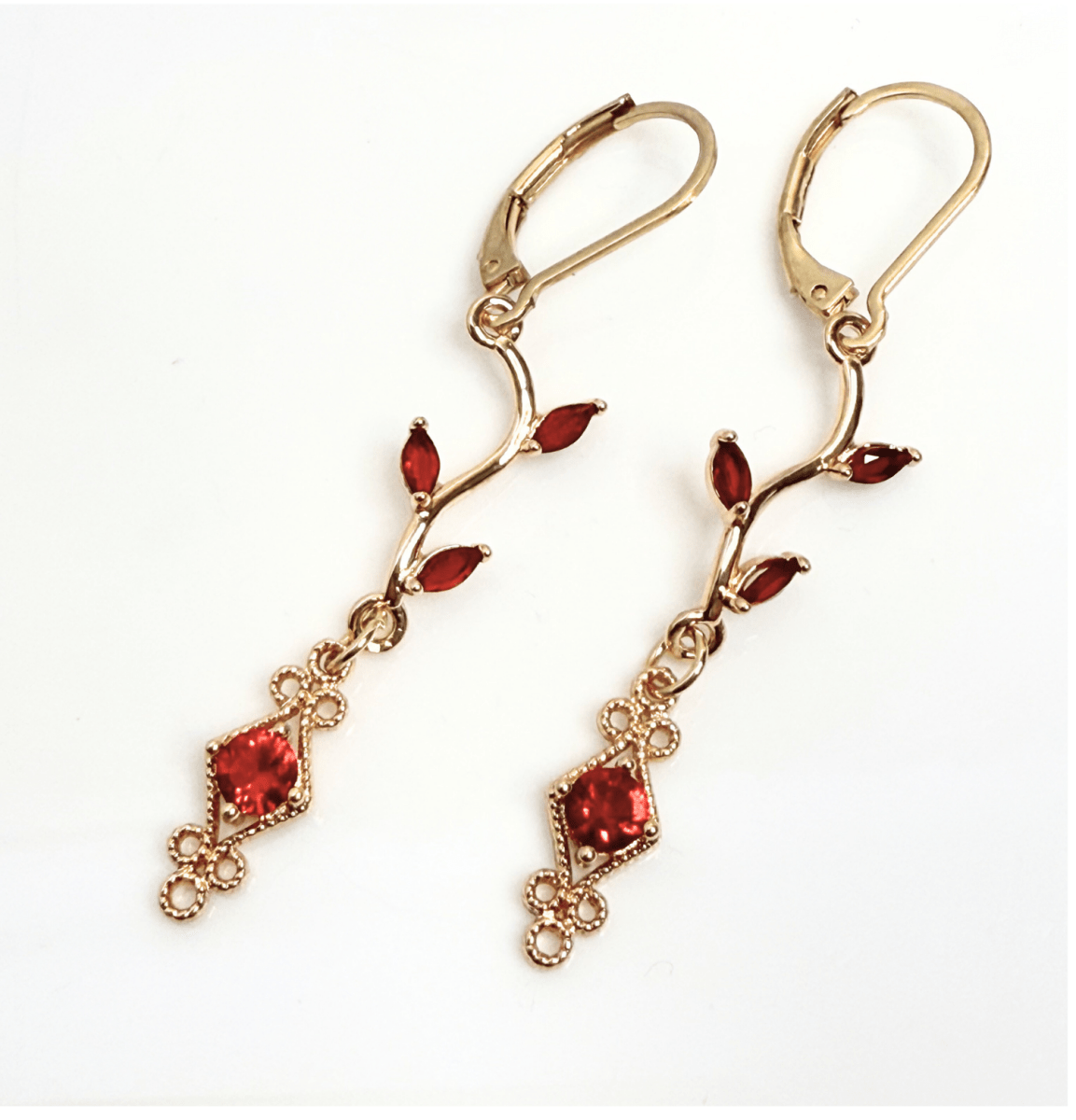 Delicate Regency Gold Vine Jewellery Set with Red Crystal | Fairycore Coquette Elegance
