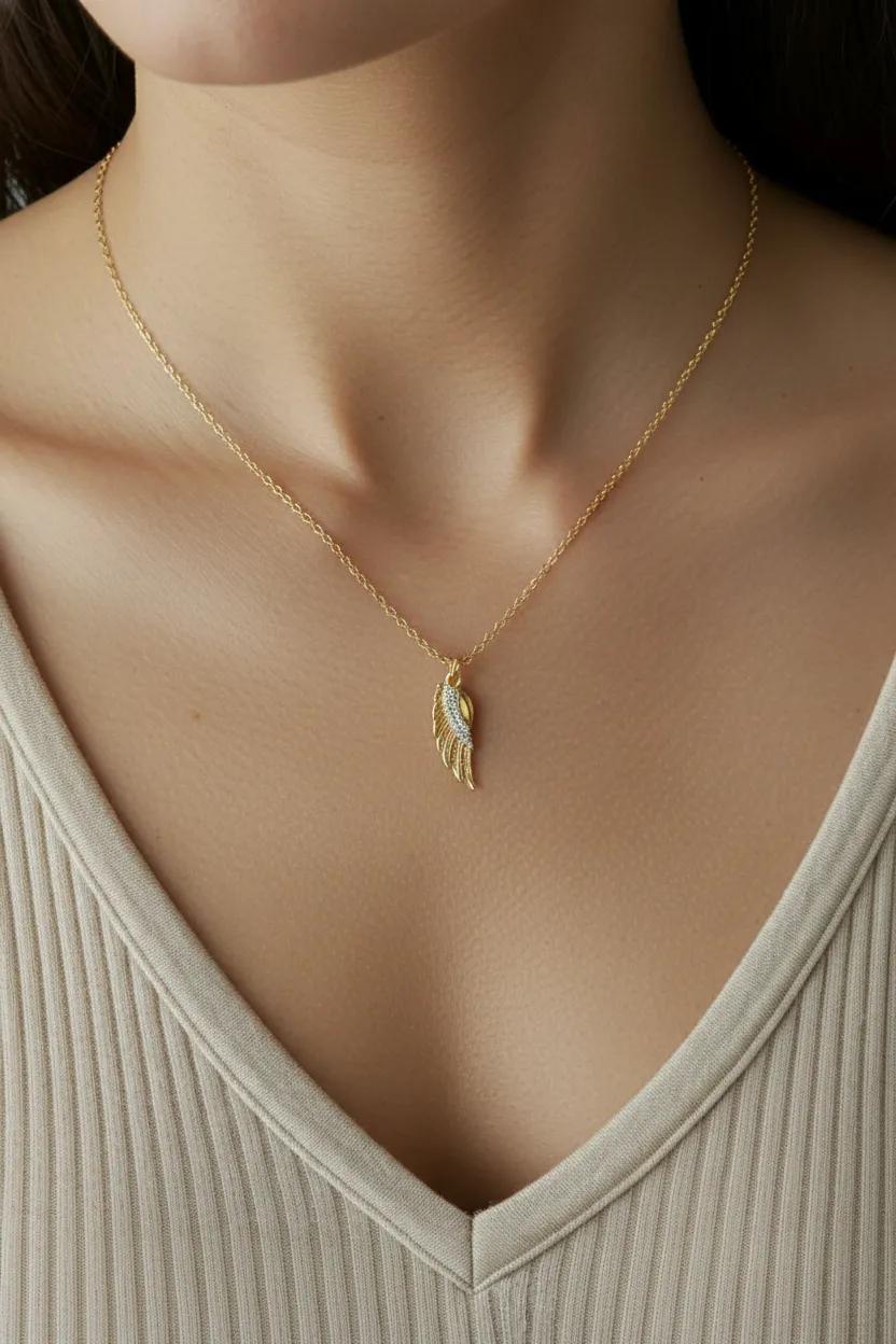 Gold Wing Crystal Necklace | Dainty Wing Charm Jewelry | Gold Filled 