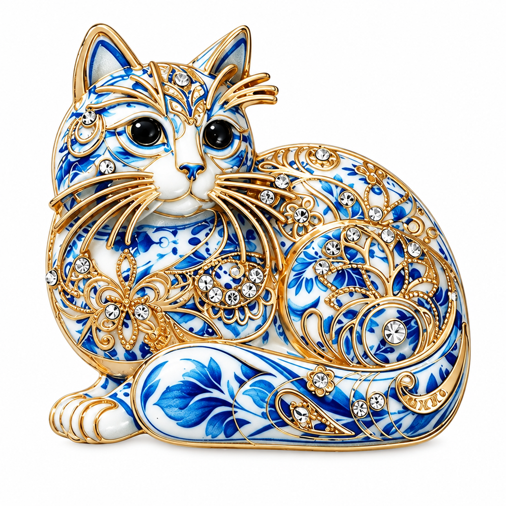 Porcelain Style Cat Brooch | Delft Blue Vintage Style