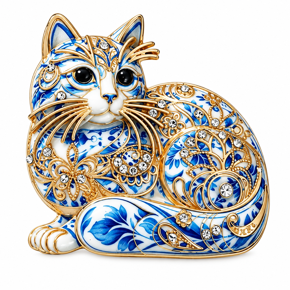 Porcelain Style Cat Brooch | Delft Blue Vintage Style