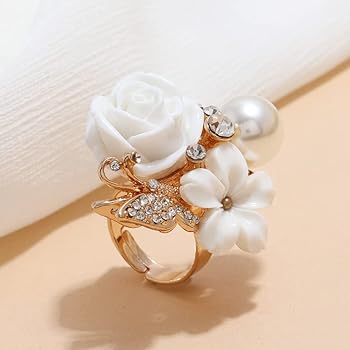 Gold Flower & Butterfly Adjustable Ring With Faux Pearl | Adjustable