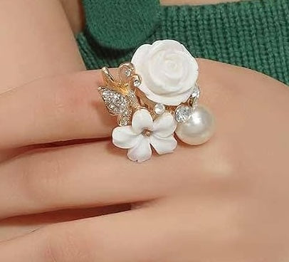 Gold Flower & Butterfly Adjustable Ring With Faux Pearl | Adjustable