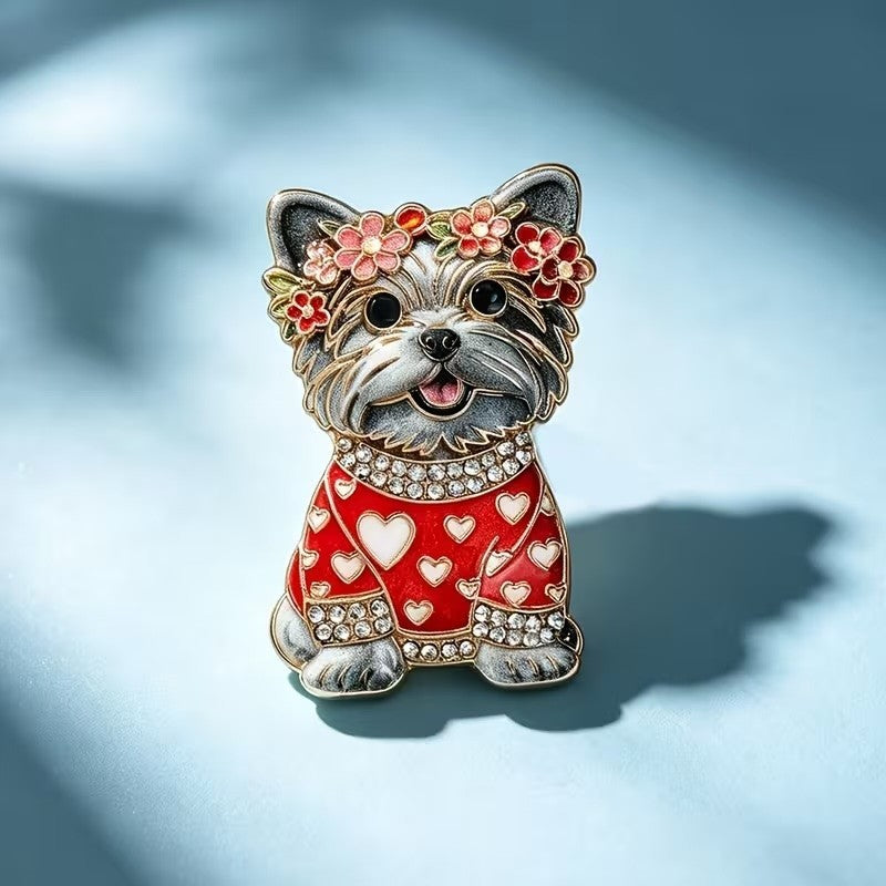 Yorkshire Terrier Dog Brooch | Red Vintage Style Very Cute Crystal Pin