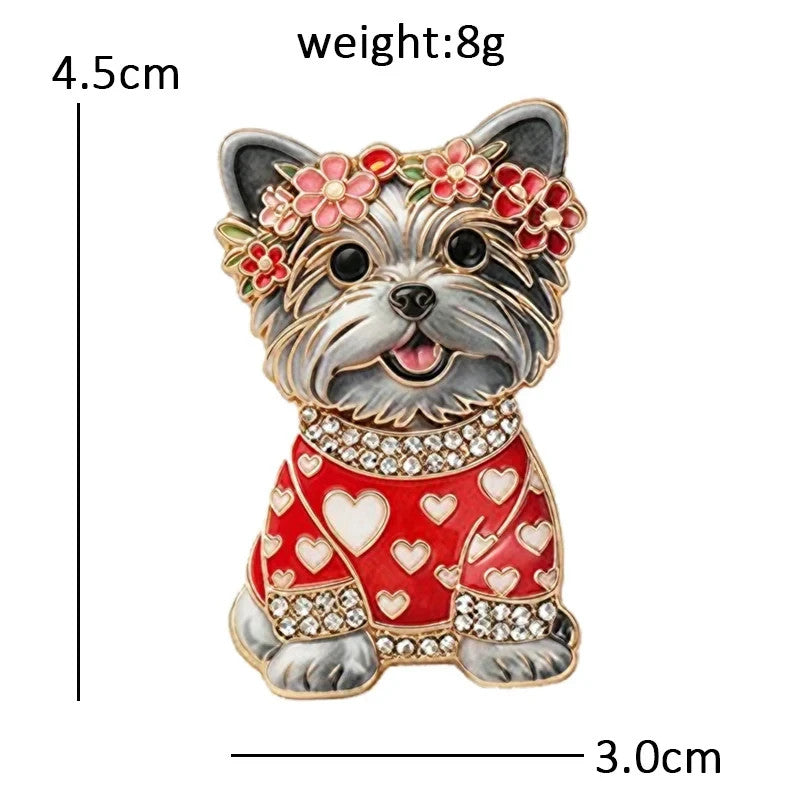 Yorkshire Terrier Dog Brooch | Red Vintage Style Very Cute Crystal Pin