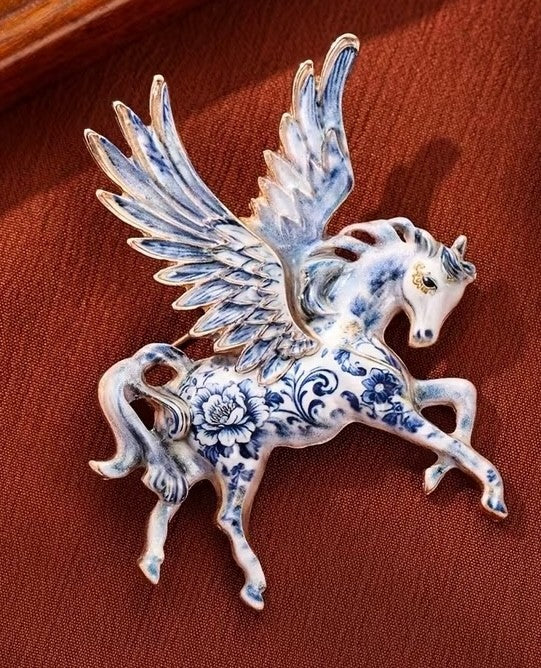 Mythical Pegasus Brooch  | Delft Blue Vintage Porcelain Style Horse