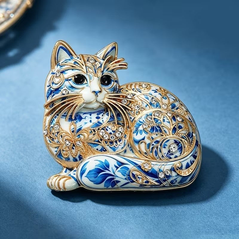 Porcelain Style Cat Brooch | Delft Blue Vintage Style